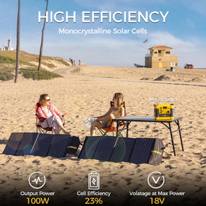 High-efficiency monocrystalline solar panel rated 100W with 23% cell efficiency and 18V max power voltage