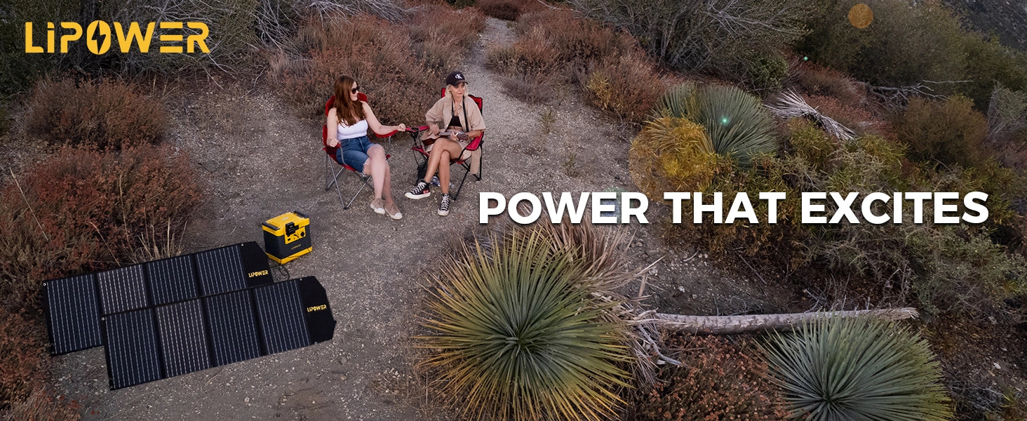 Lipower portable solar panels in outdoor camping scene powering a portable power station for off-grid energy