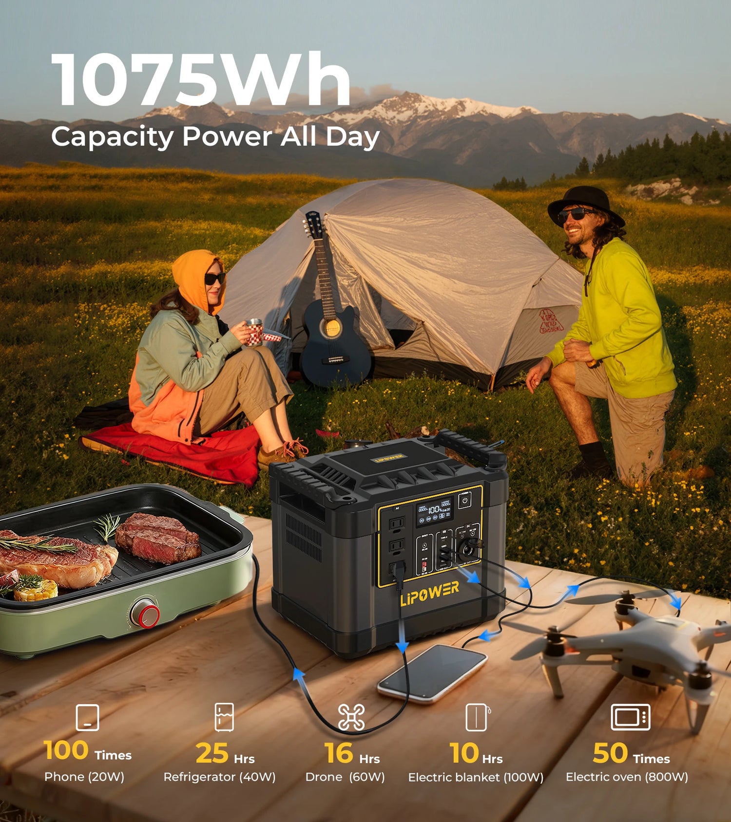 Lipower G1000L-S Portable Power Station 1075Wh 1200W for Camping & Home Backup G1000L-S + 200W Solar Panel