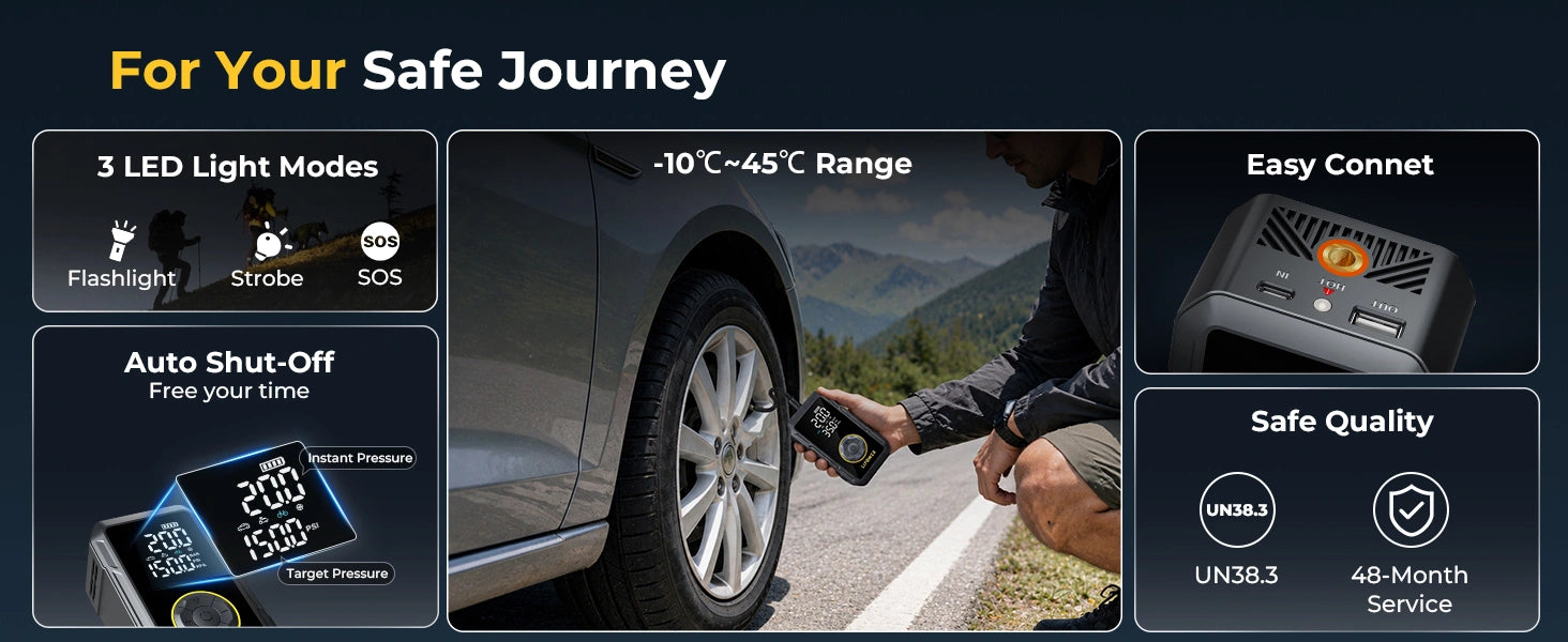 Lipower m8 inflator have 3 led light modes, auto shut-off, and -10~45℃ range for your safe journey