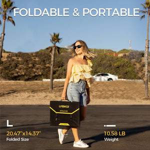 Foldable and portable solar panel with carry case, compact folded size and lightweight design for travel